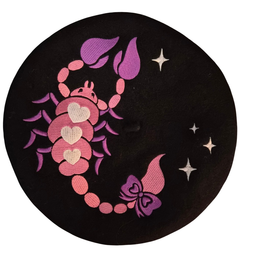 Black Wool Beret Pink Purple Heart Scorpion Embroidery Celestial Zodiac‎ Hat